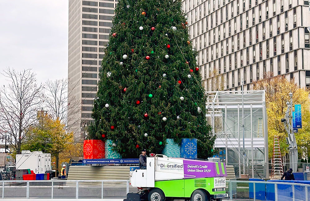 Campus Martius ice skating rink ice resurfacing with Zamboni