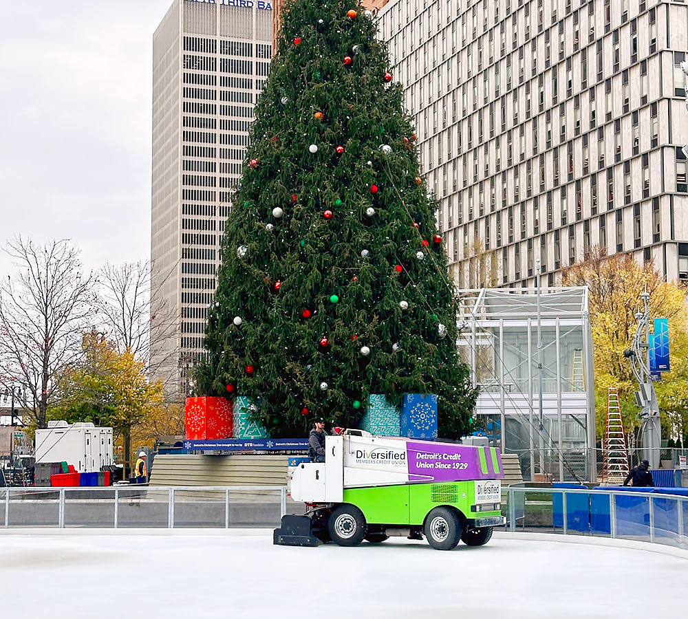 Campus Martius ice skating rink ice resurfacing with Zamboni